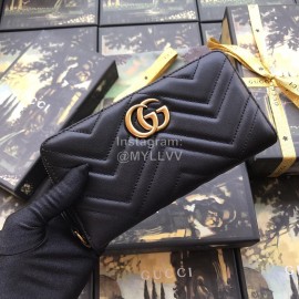 Gucci  GG Marmont Chevron Pattern Quilted Zipper Around Long Cowhide Wallet Black 443123
