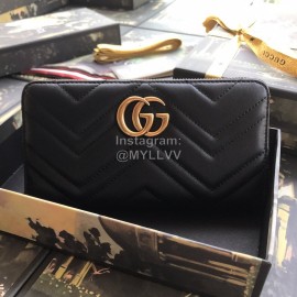 Gucci  GG Marmont Chevron Pattern Quilted Zipper Around Long Cowhide Wallet Black 443123