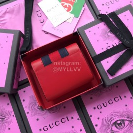 Gucci Sylvie Metal Buckle Webbing Striped Short Cowhide Wallet Red 476081