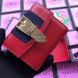 Gucci Sylvie Metal Buckle Webbing Striped Short Cowhide Wallet Red 476081