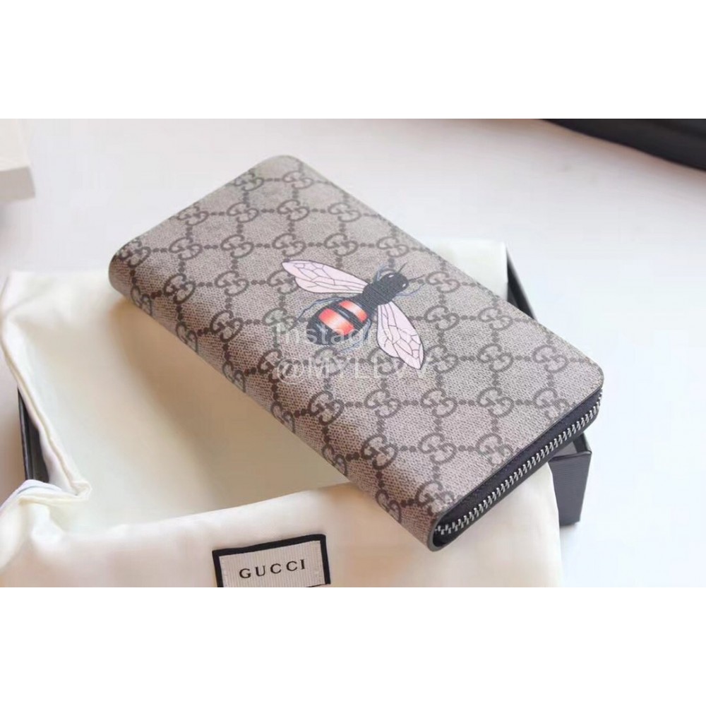 Gucci  GG Bee Embroidered Cowhide Leather Zipper Around Long Wallet Coffee Color 451273