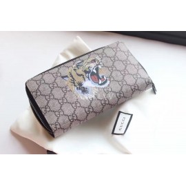 Gucci  GG Yellow Tiger Embroidered Cowhide Leather Zipper Around Long Wallet Coffee Color 451273