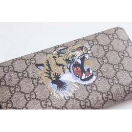 Gucci  GG Yellow Tiger Embroidered Cowhide Leather Zipper Around Long Wallet Coffee Color 451273