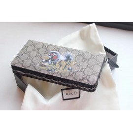 Gucci  GG Yellow Tiger Embroidered Cowhide Leather Zipper Around Long Wallet Coffee Color 451273