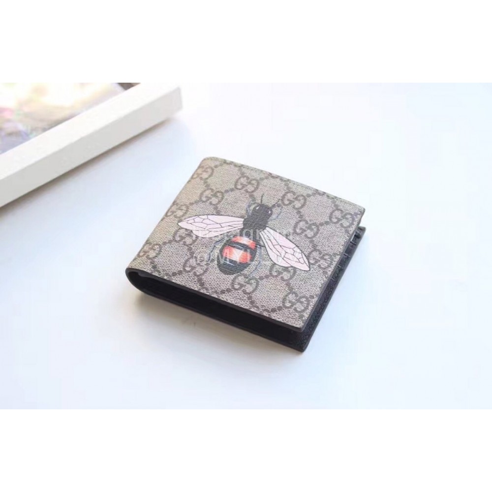Gucci  GG Bee Embroidered Leather Bi-Fold Wallet Gray 451268