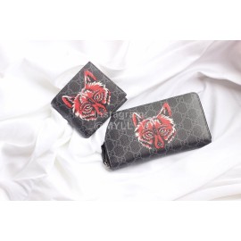 Gucci  GG Black Wolf Embroidered Leather Bi-Fold W..