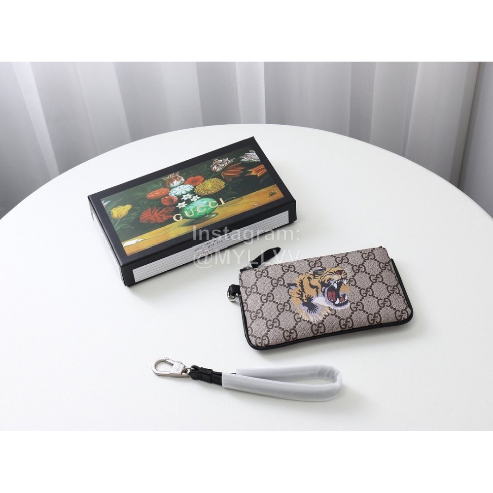 Gucci  GG Supreme King Tiger Printed Zipper Around Short Wallet Beige 522866