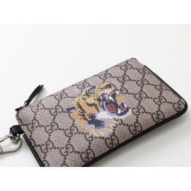 Gucci  GG Supreme King Tiger Printed Zipper Around Short Wallet Beige 522866