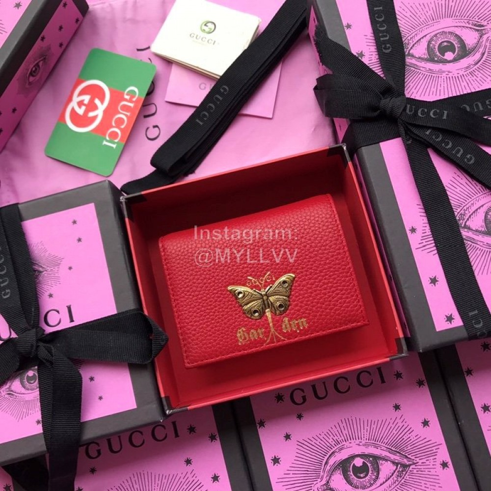 Gucci Bronzing Butterfly Short Leather Flip Wallet Red 516938