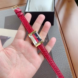Gucci Frame Square Dial Leather Strap Watch Red