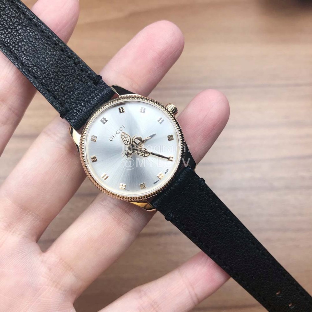 Gucci Sapphire Crystal Glass Leather Strap Watch Black