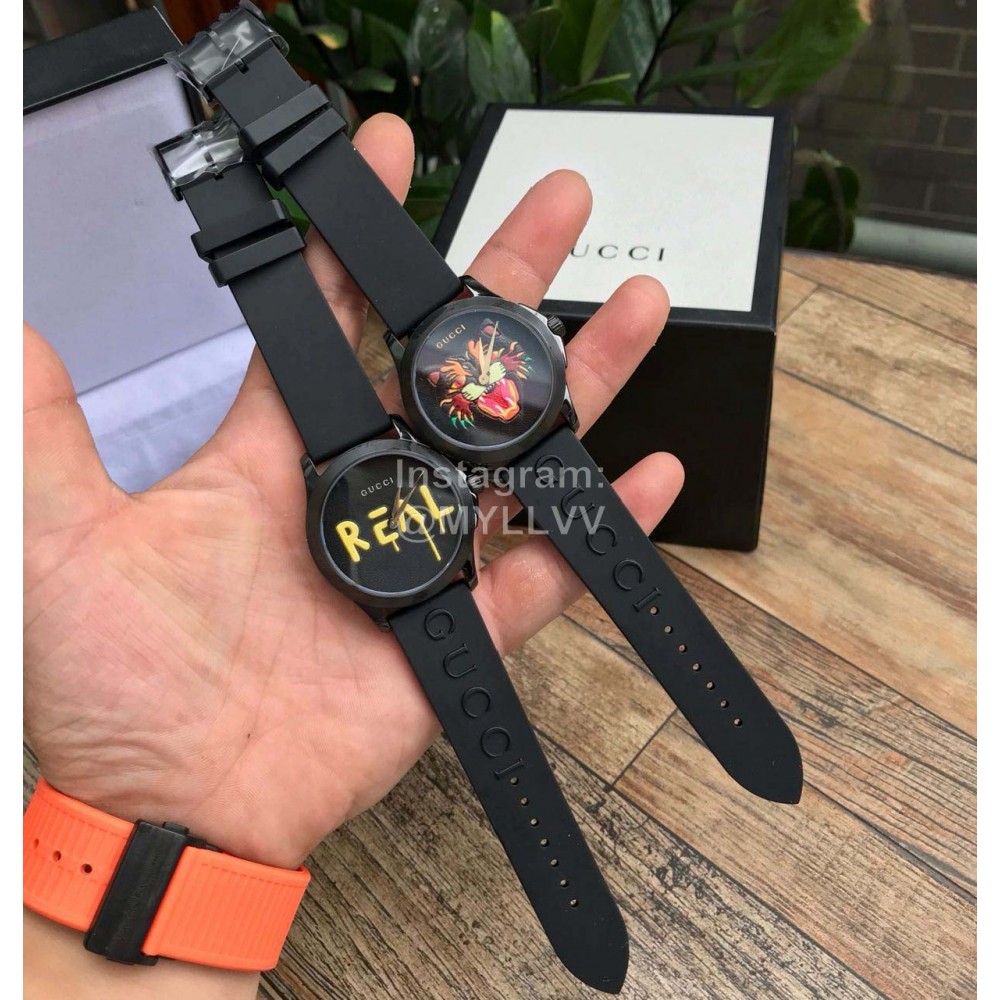 Gucci Black Leather Strap Life Waterproof Catpattern Dial Watch