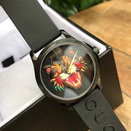 Gucci Black Leather Strap Life Waterproof Catpattern Dial Watch