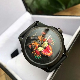 Gucci Black Leather Strap Life Waterproof Catpattern Dial Watch
