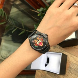 Gucci Black Leather Strap Life Waterproof Catpattern Dial Watch