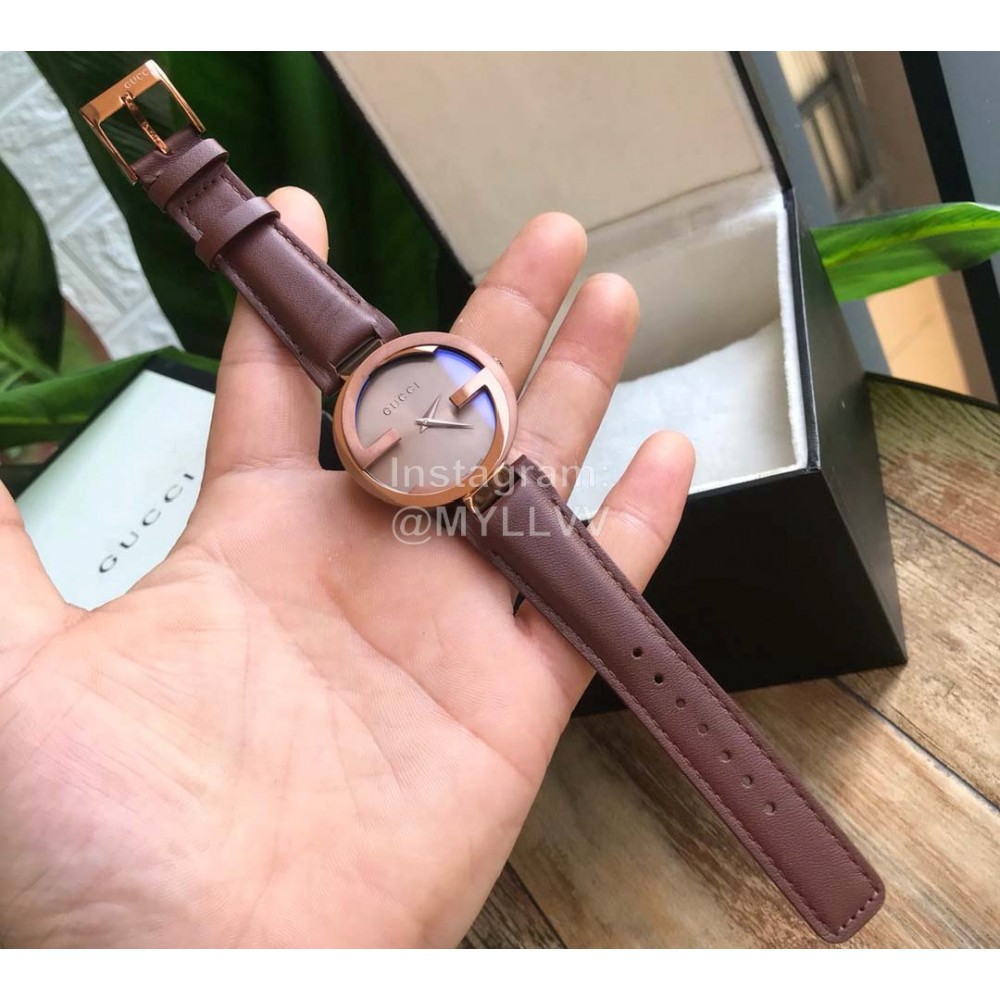 Gucci Leather Strap Sapphire Glass Watch