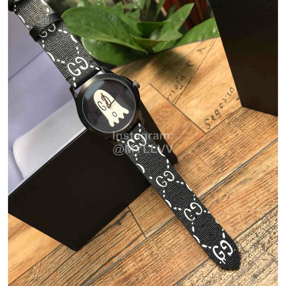 Gucci Black Leather Dial Rubber Strap Watch