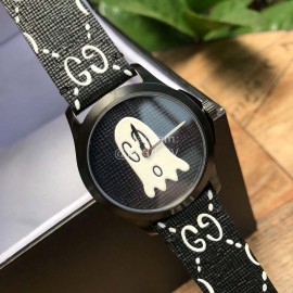 Gucci Black Leather Dial Rubber Strap Watch