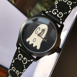 Gucci Black Leather Dial Rubber Strap Watch