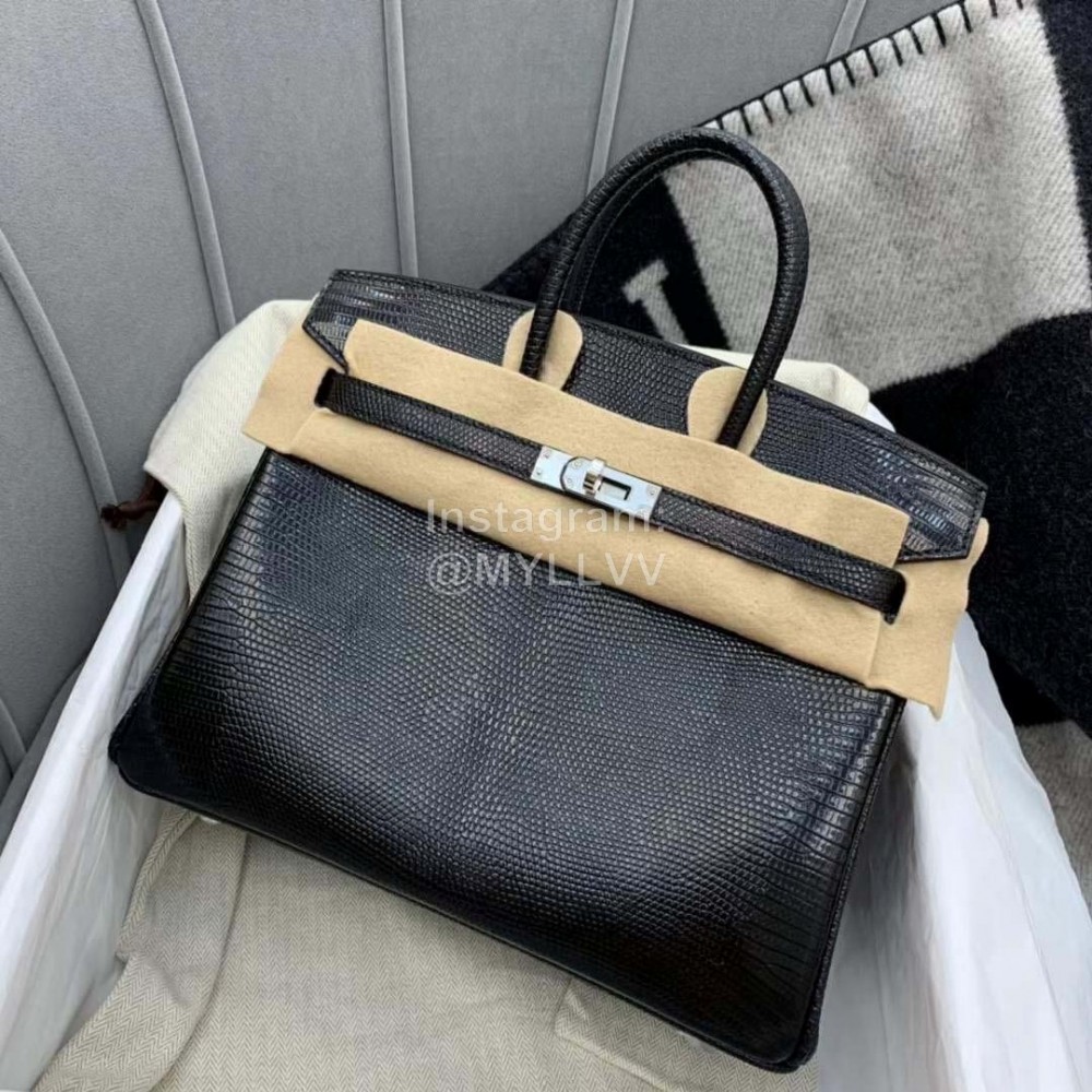 Hermes Birkin 25cm Lizard Leather Handbag Black