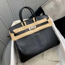 Hermes Birkin 25cm Lizard Leather Handbag Black