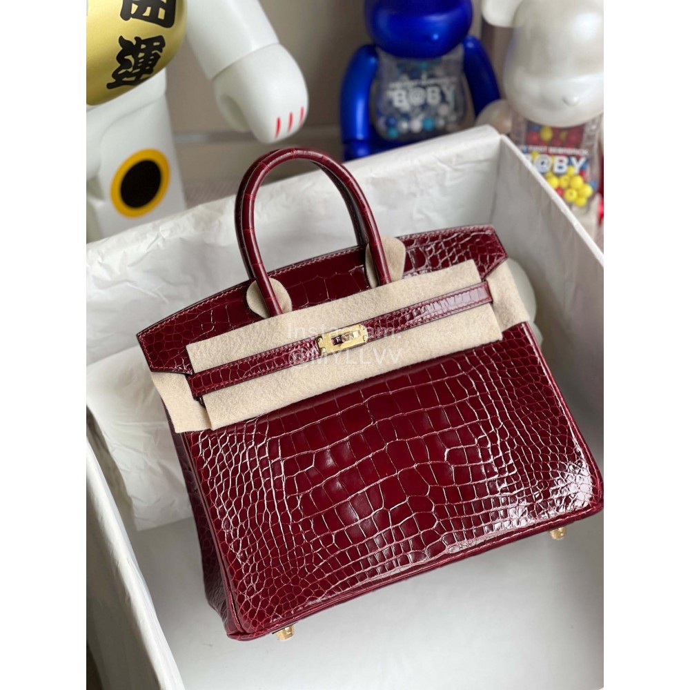 Hermes Birkin 25cm Alligator Shiny Handbag Wine Red
