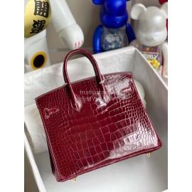Hermes Birkin 25cm Alligator Shiny Handbag Wine Red