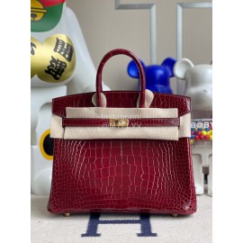 Hermes Birkin 25cm Alligator Shiny Handbag Wine Red