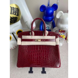 Hermes Birkin 25cm Alligator Shiny Handbag Wine Red