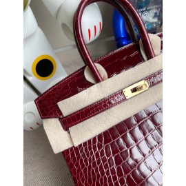 Hermes Birkin 25cm Alligator Shiny Handbag Wine Red