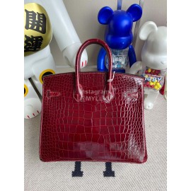 Hermes Birkin 25cm Alligator Shiny Handbag Wine Red