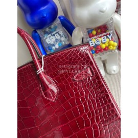 Hermes Birkin 25cm Alligator Shiny Handbag Wine Red