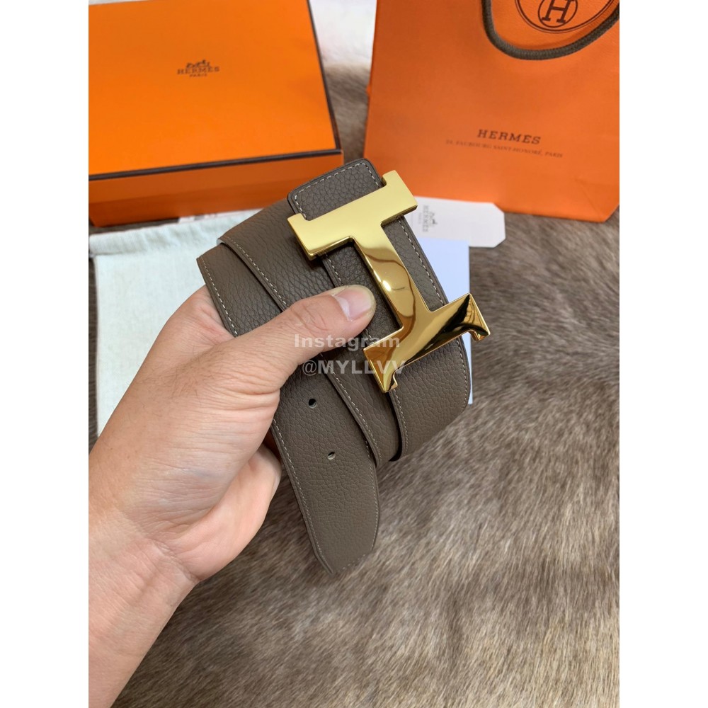Hermes Litchi Grain Togo Leather Pure Steel Buckle 38mm Belt For Men Coffee