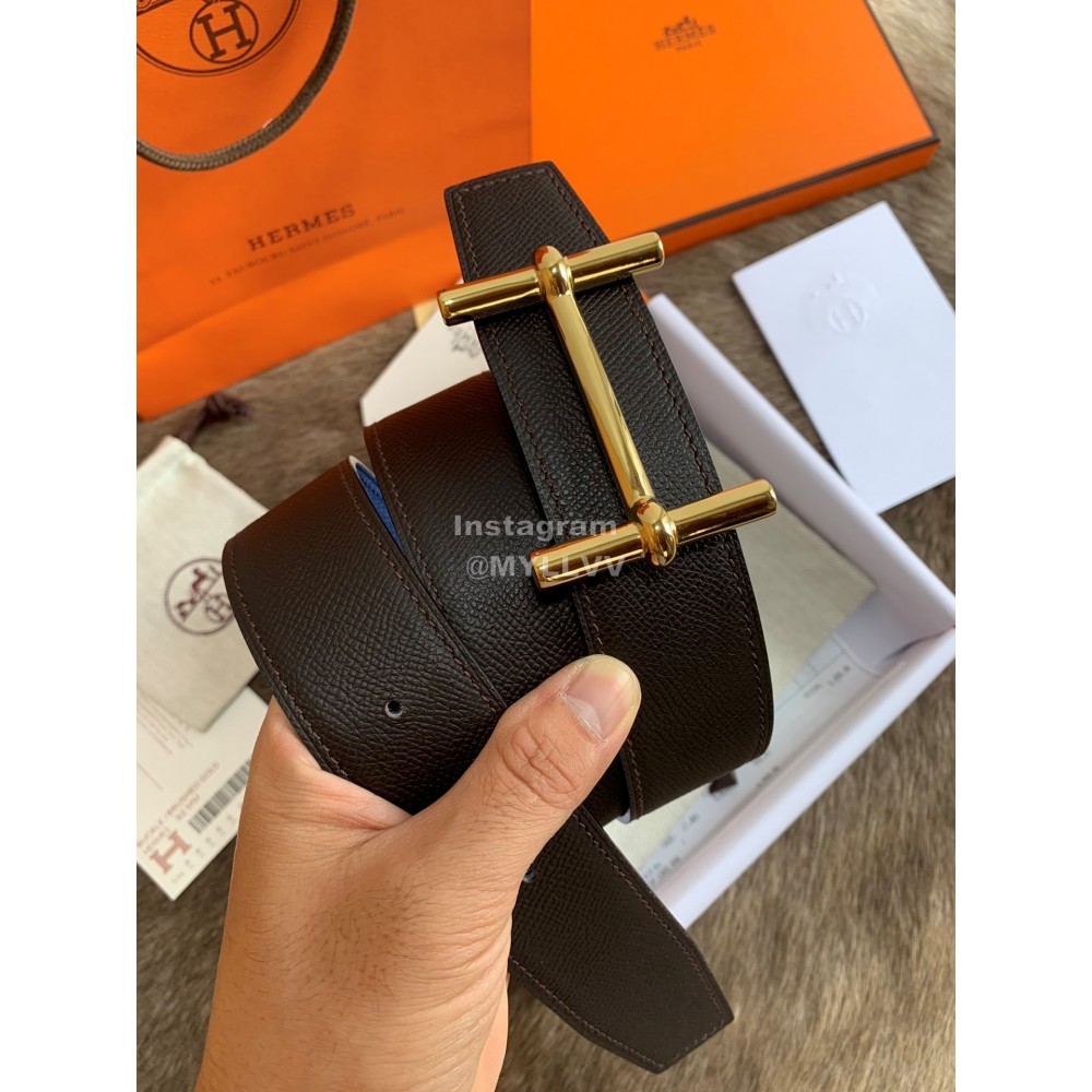 Hermes Palm Grain Cowhide Pure Steel Buckle 38mm Belt For Men Blue