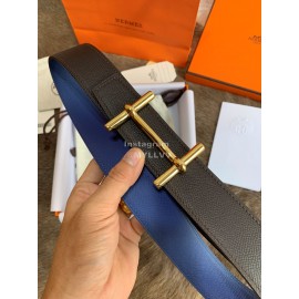 Hermes Palm Grain Cowhide Pure Steel Buckle 38mm Belt For Men Blue
