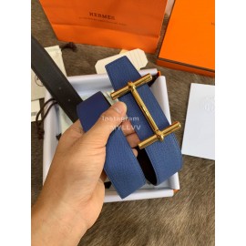 Hermes Palm Grain Cowhide Pure Steel Buckle 38mm Belt For Men Blue