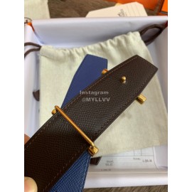 Hermes Palm Grain Cowhide Pure Steel Buckle 38mm Belt For Men Blue