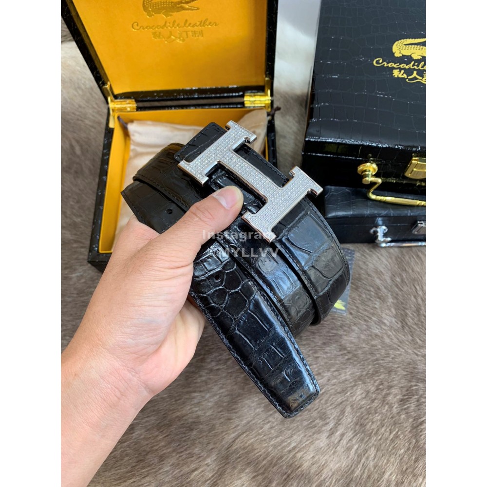 Hermes Black Crocodile Skin Diamond H Buckle 38mm Belt For Men