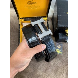 Hermes Black Crocodile Skin Diamond H Buckle 38mm Belt For Men