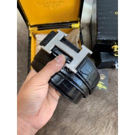 Hermes Black Crocodile Skin Diamond H Buckle 38mm Belt For Men