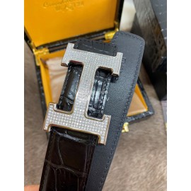 Hermes Black Crocodile Skin Diamond H Buckle 38mm Belt For Men