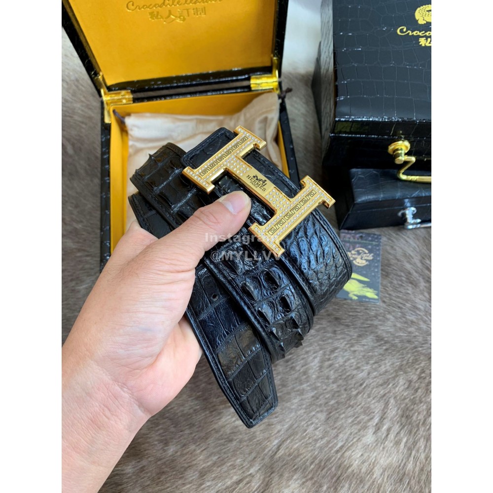 Hermes Crocodile Skin Diamond Gold H Buckle 38mm Belt For Men