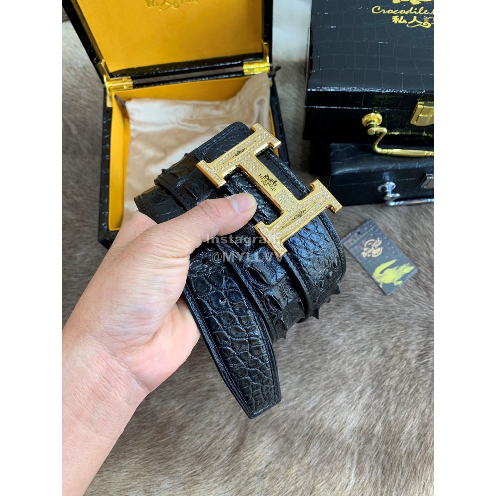 Hermes Black Crocodile Skin Diamond Gold H Buckle 38mm Belt For Men