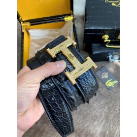 Hermes Black Crocodile Skin Diamond Gold H Buckle 38mm Belt For Men