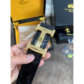 Hermes Black Crocodile Skin Diamond Gold H Buckle 38mm Belt For Men