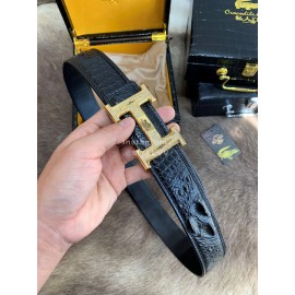 Hermes Black Crocodile Skin Diamond Gold H Buckle 38mm Belt For Men