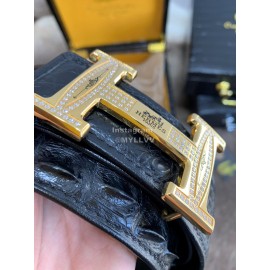 Hermes Black Crocodile Skin Diamond Gold H Buckle 38mm Belt For Men