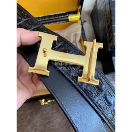 Hermes Black Crocodile Skin Diamond Gold H Buckle 38mm Belt For Men
