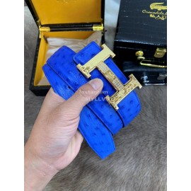 Hermes Blue Ostrich Skin Diamond Gold H Buckle 38m..