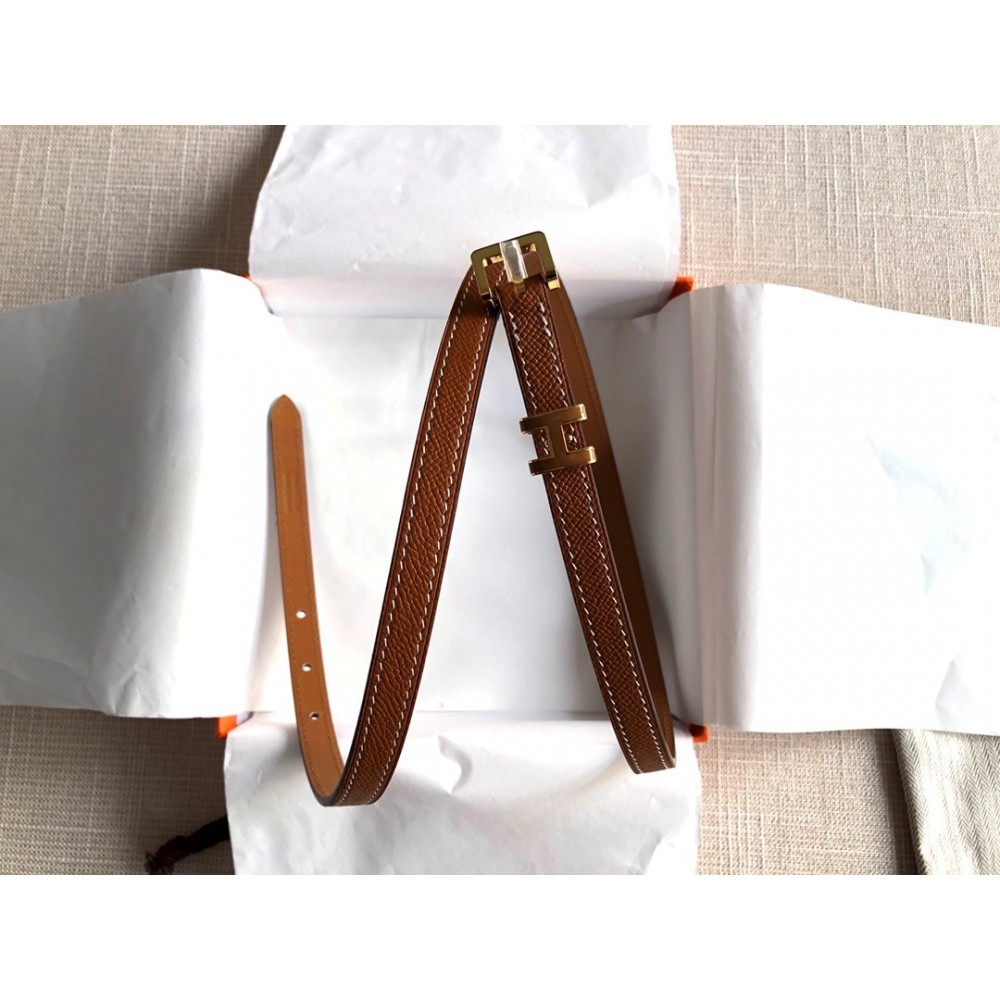Hermes Calf Leather Gold Plated Steel Pin Buckle 15mm Belt For Women Brown